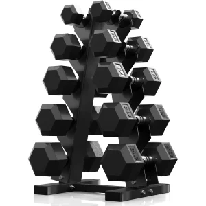 Hex Dumbbell Set with Rack - Rubber Coated Cast Iron Weights, Non-Slip Chrome Handles